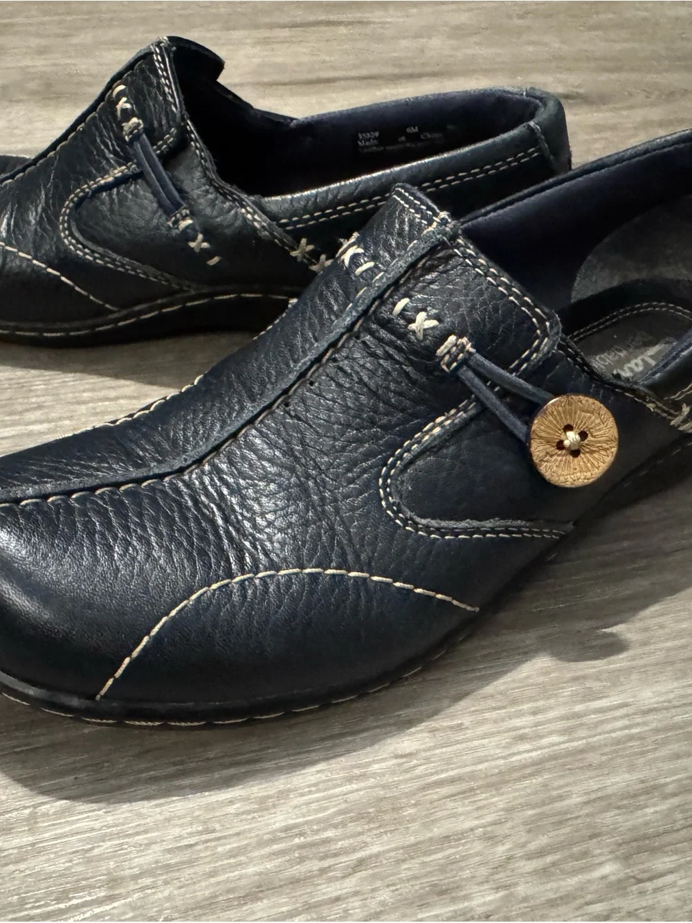 Clarks Navy Leather Slip-On Loafers with Contrast Stitching